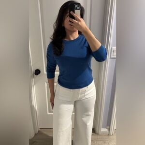 Veronica Beard Kase Wool Cropped Blue Ruched Sleeve Sweater, Size: Small